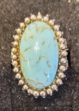 Vtg Faux Turquoise Oval Ring Secret Watch Locket Poison Ring 7.5 Adjustable Size